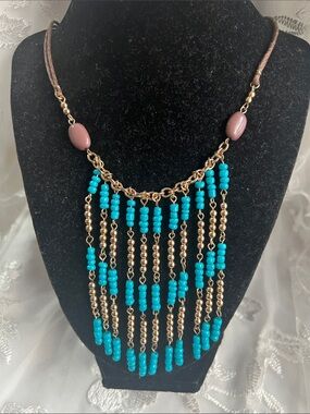 Boho Turquoise Beaded Fringe Necklace - Unbranded
